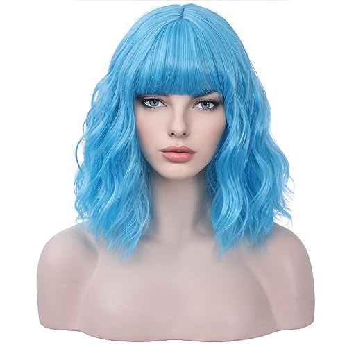 BERON Women Girls Short Curly Wavy Wig with Flat Bangs Rose Net for Party Halloween Cosplay (Sky Blue)