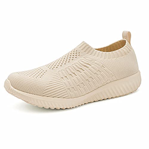 konhill Women's Casual Walking Shoes - Breathable Mesh Work Slip-on Sneakers 7.5 US,Beige