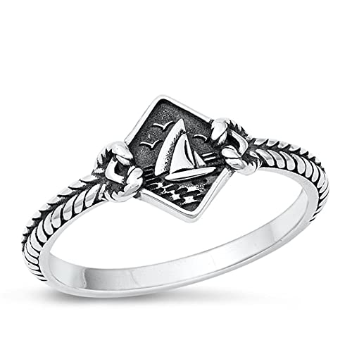Classic Oxidized Nautical Sailboat Ring New .925 Sterling Silver Band Size 4