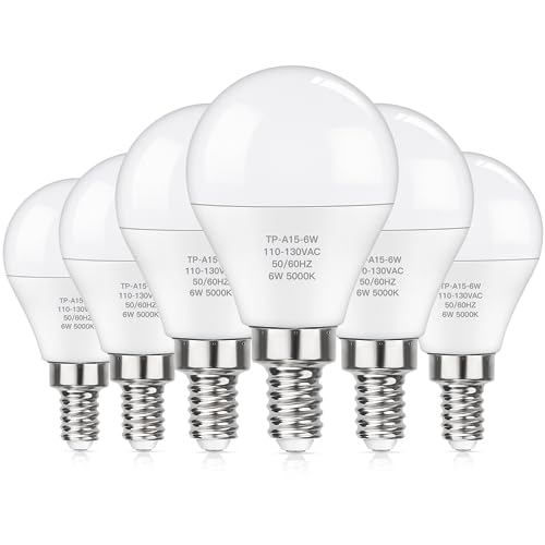 MAXvolador E12 LED 60W Equivalent Daylight White 5000K Ceiling Fan Bulbs, 600LM CRI 85+ Small Base Candelabra Bulbs, 6W Non-Dimmable, Pack of 6