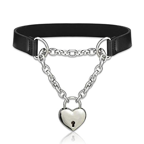 Alona Magic Goth Choker Necklaces for Women, Black Choker and Heart Padlock Day Collar with Key, Black PU Leather Choker Collar for Women
