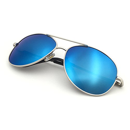 J+S Premium Military Style Classic Aviator Sunglasses, Polarized, 100% UV protection for Men Women (Large Frame - Silver Frame/Blue Mirror Lens