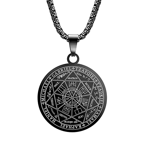 Yaumatea Seven Archangels Pendant Necklace For Men Women Protection Amulet Archangel Michael Coin Pendant Necklace Gabriel Uriel Spiritual Stainless Steel Medal Necklace 24 inches (Black)