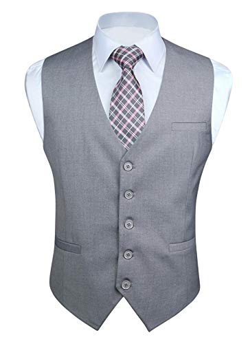 HISDERN Men's Suit Vest Grey Business Formal Dress Waistcoat Vest Wedding with 3 Pockets for Suit or Tuxedo