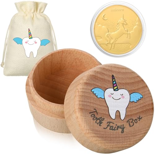 Equsion 3 Pcs Tooth Fairy Gifts for Girls and Boys Tooth Fairy Box Tooth Fairy Coin Tooth Fairy Unicorn Bag with Gold Foil Reward Coins Wood Baby Keepsake Box for Lost Teeth Kids Birthday Gift (Boys)