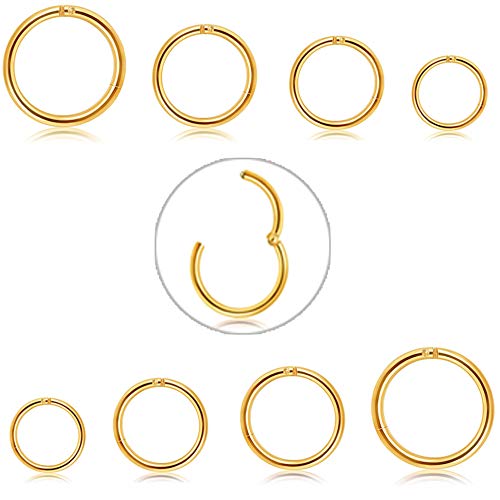 FIBO STEEL 8 Pcs 6-12mm Stainless Steel 16g Cartilage Hoop Earrings for Women Men Nose Ring Helix Septum Couch Daith Lip Tragus Piercing Jewelry Set (C:Gold-tone)