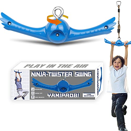 YAMIPROBI Ninja-Twister Swing Spins Set: Slackline Attachments - 360° Handle Twist-Spin Flips Toy Activate Ninja Powers Warrior Accessories Kids Hang Toys for Playground Backyard Blue