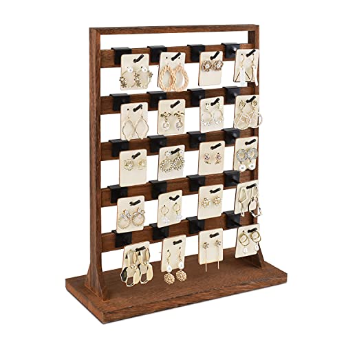 Ikee Design 5 Tiers Free Assemble Wooden Jewelry Display Rack with 20 Removable Metal Hooks,Earring Card Display Stand,Jewelry Organizer,Bracelet Organizer,Keychain Display Stand,Brown Color