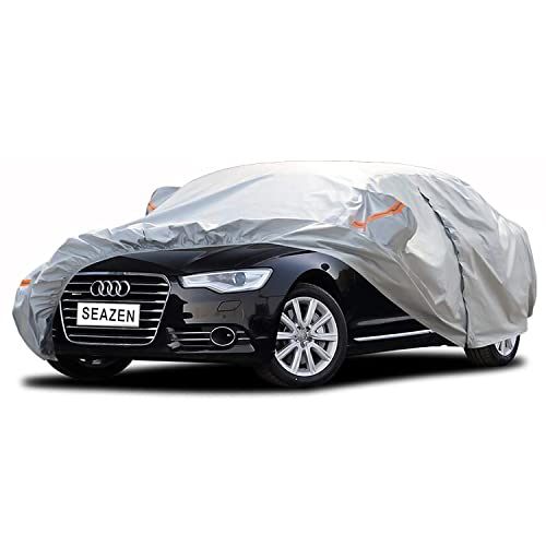 SEAZEN Car Cover 6 Layers, Waterproof Sedan Car Cover with Zipper Door, Snowproof/UV Protection/Windproof, Universal Car Covers Breathable Fabric with Cotton (185' to 200')