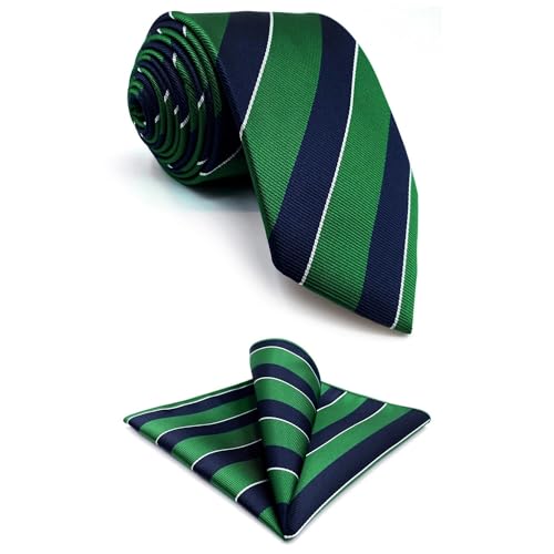 S&W SHLAX&WING Men's Ties Necktie Green Blue Stripe Classic Size 57.5' with Pocket Square