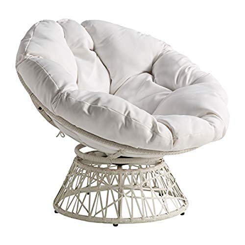 OSP Home Furnishings Wicker Papasan Chair with 360-Degree Swivel, White Frame with White Cushion
