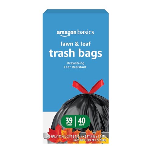 Amazon Basics Lawn & Leaf Drawstring Trash Bags, Unscented, 39 Gallon, 40 Count
