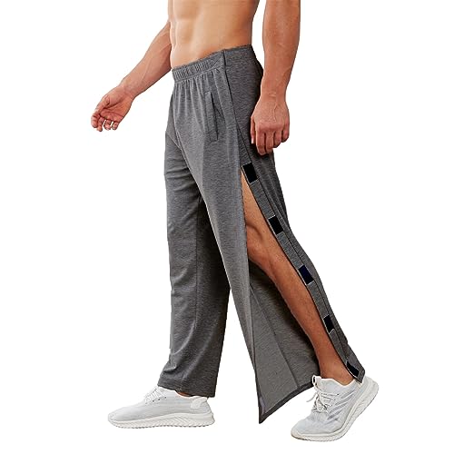 Deyeek Men's Tear Away Pants 2 Side Snap Open Bottom Sweatpants Loose Fit Casual Post Surgery Pants with Pockets Grey