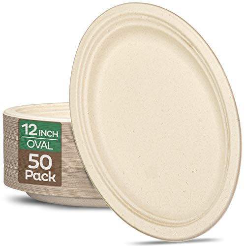 100% Compostable Oval Paper Plates [50-Pack] - {PFAS-Free} - {BPI Certified} - [12 Inch] Heavy Duty, Eco-Friendly, Biodegradable Bagasse Platters - Natural Brown 12' Oval Platter Plates by Stack Man