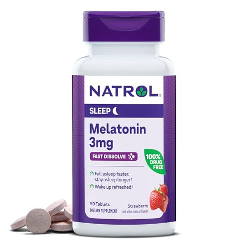 Natrol Melatonin 3mg, Strawberry-Flavored Dietary Supplement for Restful Sleep, 90 Fast-Dissolve Tablets, 90 Day Supply