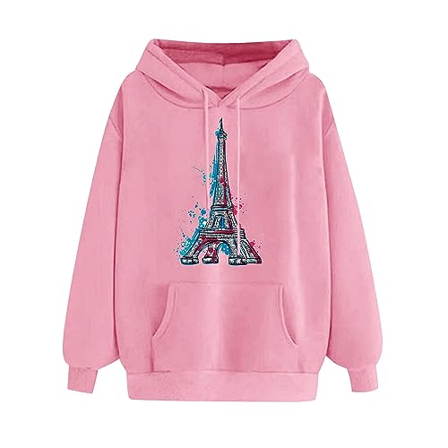 oversized hoodie warehouse clearance Women Fashion Fall Hoodies 2023 Long Sleeve Eiffel Tower Graphic Crewneck Pullover Sweatshirt Loose Fit Casual Sweaters Pink M