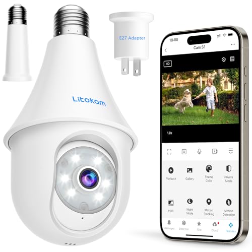 litokam 4MP Light Bulb Security Cameras Wireless Outdoor 2.4GHz, 2K 360°Cameras for Home Security Outside Indoor, Motion Detection, Siren Alarm, Color Night Vision, 24/7 Recording, Work with Alexa