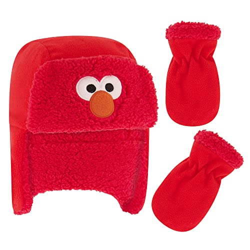 Sesame Street boys Elmo Toddler Fleece Trapper Winter With Sherpa Lining and Mitten Set Beanie Hat, Elmo, 2-4T US