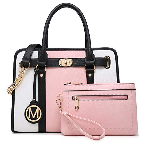 MKP Women Satchel Handbags Purses Two tone Top Handle Tote Shoulder Bags with Matching Wristlet Wallet Set 2pcs (Pink/White-1)