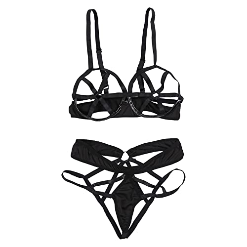 Women Sexy Punk Cupless Bra G-string Set Hollow Out Body Cage Bras 2 Piece Strappy Body Harness Lingerie Suit Black