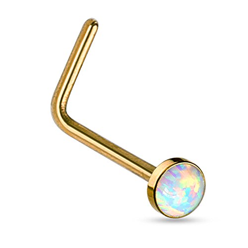 FIFTH CUE 20G Synthetic Opal Set Flat Top PVD Over 316L Surgical Steel L bend Stud Nose Rings (Gold)