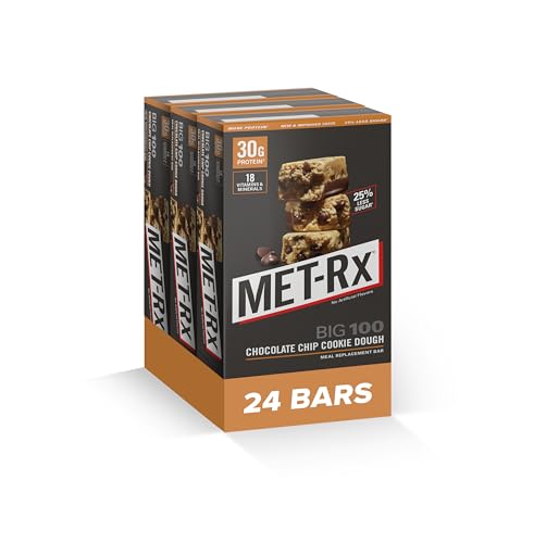 MET-Rx Big 100 Colossal Protein Bars, Chocolate Chip Cookie Dough Meal Replacement Bars, 24 Count