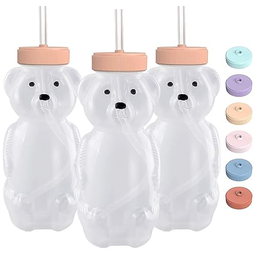 Honey Bear Straw Cups for Babies 3 pack, 8oz straw bear cup with improved safety lid design, honeybear baby cup straw, Leak-Proof & Food-Grade & BPA Free (PEACH)