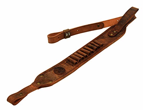 Leather Rifle Sling 1 inch Wide Padded Strap Hunting Vintage Strong Gun Sling with Ammo Holder