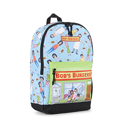 Bob's Burgers Mens Allover Backpack Bob, Tina & Louise Belcher Bookbag - Knapsack for Everyday (Light Blue)