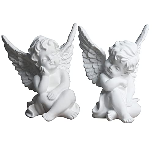 zyxqq 2 Set of Little Angel Statue Figurines, Resin Cherubs Statue with Wings Sleeping Thinking Angle Sculpture for Home Living Room Desktop Office Decoration (White)