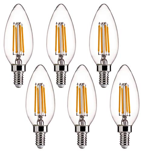 FLSNT 60W Equivalent LED Chandelier Light Bulbs, Dimmable, E12 Base, Clear B11 LED Filament Candelabra Bulbs, 2700K Soft White, 6 Pack