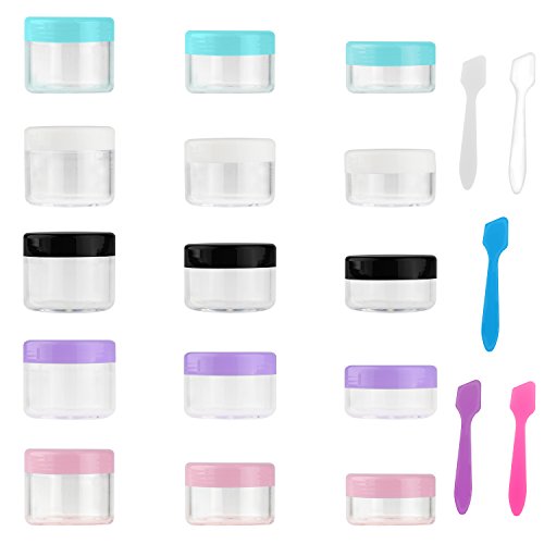 Accmor 15 Pieces Empty Clear Plastic Sample Containers with Lids 10/15/ 20 Gram Size Cosmetic Pots Jars with 5 Pieces Mini Spatulas