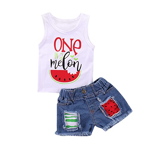 Mikrdoo Toddler Girl Summer Outfits Sleeveless Watermelon Tank Top + Denim Shorts Clothing Set (12-18 Months, White)