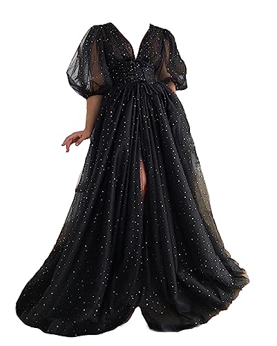 Xijun Sparkle Starry Tulle Puffy Sleeve Prom Dresses for Women V Neck Long Full Sleeve Bodice A Line Formal Evening Party Gowns with Slit Black US16