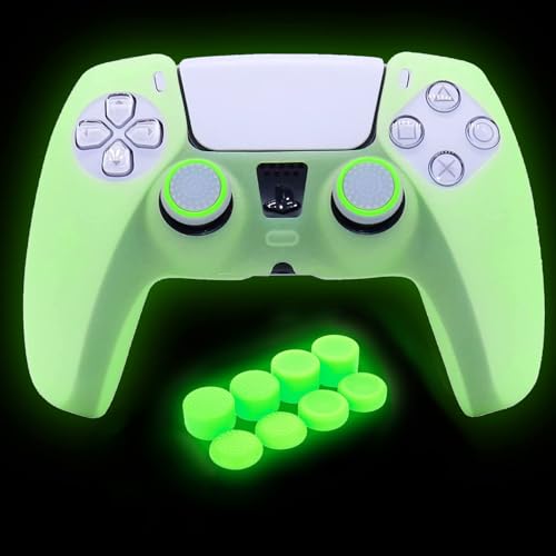 HLRAO Green Anti-Slip Glow in The Dark Protective Silicone Cover Skin Grips Compatiable with PS5 Controller,8 PCS Thumb Grips Caps and 2 Grips Caps Glow in The Dark.