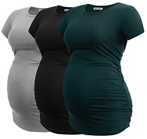 Smallshow Women's Maternity Shirt Side Ruched Tunic Pregnancy Top Clothes 3-Pack Black/Light Grey/Deep Green Medium