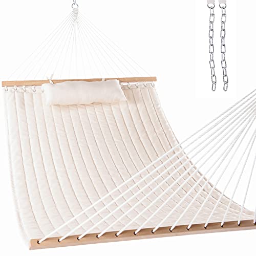 Lazy Daze 12 FT Double Quilted Fabric Hammock with Spreader Bars and Detachable Pillow, 2 Person Hammock for Outdoor Patio Backyard Poolside, 450 LBS Weight Capacity, Dark Cream