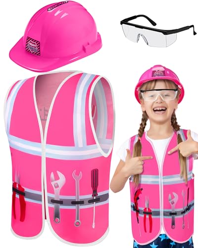 Handepo Construction Worker Costume Kids Hard Hat Construction Vest Goggles Toddler Dress Up Set Birthday Party Girls Boys(Pink, Black)