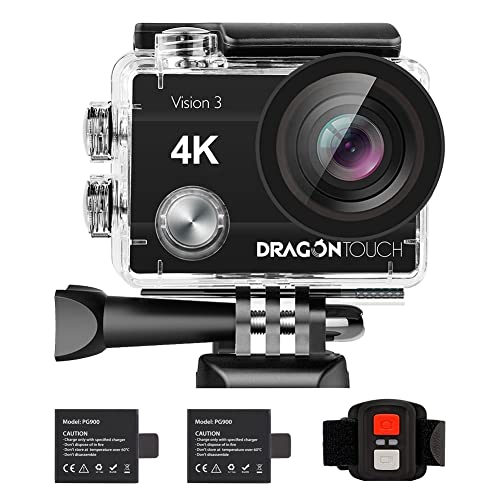 Dragon Touch 4K Action Camera 20MP Vision 3 Underwater Waterproof Camera 170° Wide Angle WiFi Sports Cam with Remote 2 Batteries and Mounting Accessories Kit