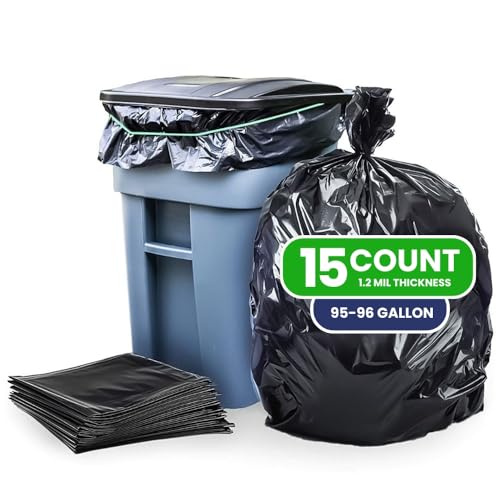 Plasticplace Big Black Trash Bags Heavy Duty - Extra Large Trash Bags Heavy Duty 95-96 Gallon, 1.2 Mil, 61” x 68”, 15 Count Roll