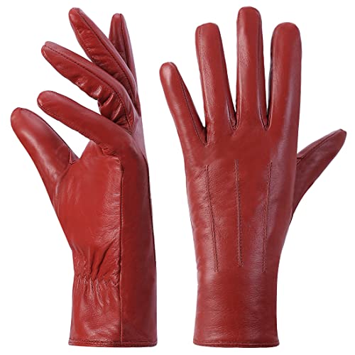 Harssidanzar Leather Gloves For Women,Winter Warm Cashmere Lining Touchscreen Texting Warm Driving Lambskin Leather Gloves GL017,Red, Size L