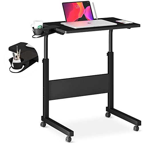 Klvied Standing Desk Adjustable Height, Stand Up Desk with Cup Holder, Portable Laptop Desk, Mobile, Small Computer Desk, Bedside Table, Black Rolling Desk, Work Desk for Home Office