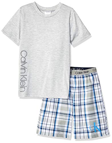 Calvin Klein Boys' Little 2 Piece Sleepwear Top and Bottom Pajama Set, Heather Grey, Ck Cloud Plaid, Medium
