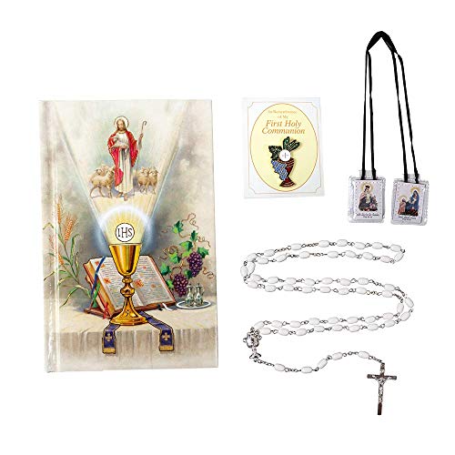 First Communion Kit | Boys and Girls First Communion Bundle | Black or White | Comes with Communion Book, Rosary, Scapular and Pin | Kit Comes with Plastic Holding Case | Christian Home Goods (White)