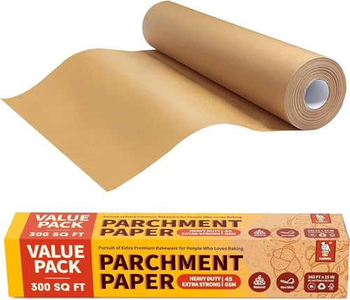 Katbite 15in x 242ft, 300 Sq.Ft Unbleached Parchment Paper Roll for Baking, Parchment Baking Paper with Serrated Cutter, Non-stick Longer Parchment Roll for Cooking, Air Fryer, Steaming, Bread