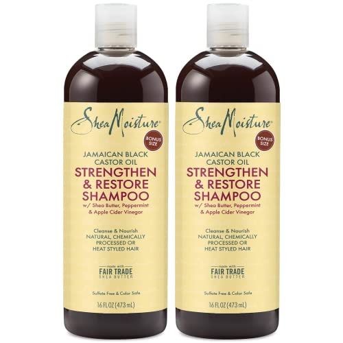 SheaMoisture Jamaican Black Castor Oil Strengthen & Restore Shampoo, Shea Butter, Peppermint & Apple Cider Vinegar, Sulfate Free, Chemically Processed Hair, Family Size (2 Pack -16 Fl Oz Ea)