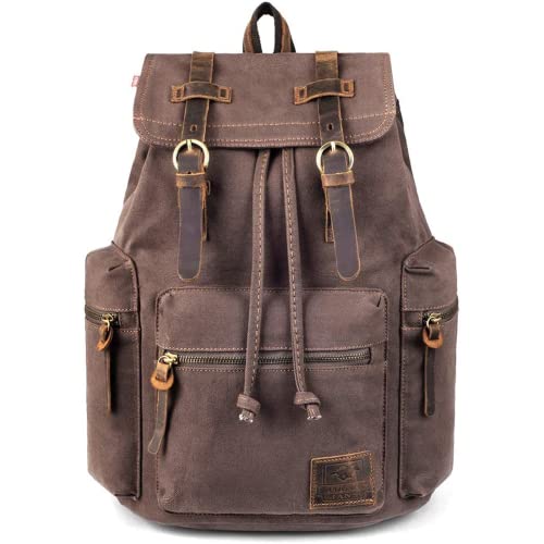 PKUVDSL Canvas Backpack, Series Vintage Leather Rucksack, 15.6’’ Laptop Backpack, Military Satchel Backpack for Men Women Traveling Hiking