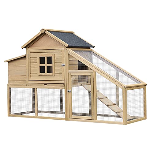 PawHut 69' Wooden Chicken Coop, Poultry Cage Hen House with Connecting Ramp, Removable Tray, Ventilated Window and Nesting Box, Natural