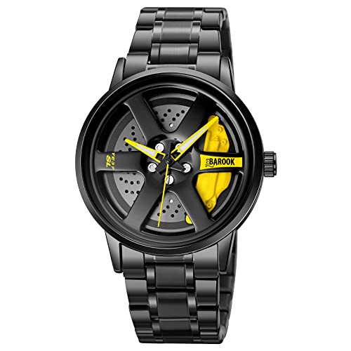 Car Wheel Watch, Stainless Steel Watch with Japanese Quartz Movement, Waterproof Sports Wrist Watch with Car Rim Hub Design for Men Spinning Wheel (Yellow)