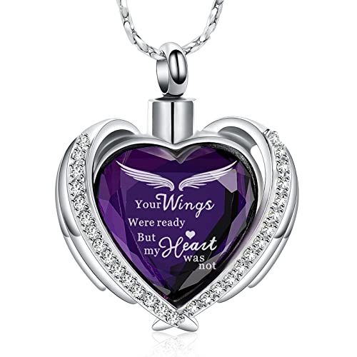 Imrsanl Cremation Jewelry Angel Wing Heart Urn Pendant Necklaces for Women Crystals Urns for Human Ashes Memorial Locket Keepsake Ashes Jewelry (Wings-Purple)
